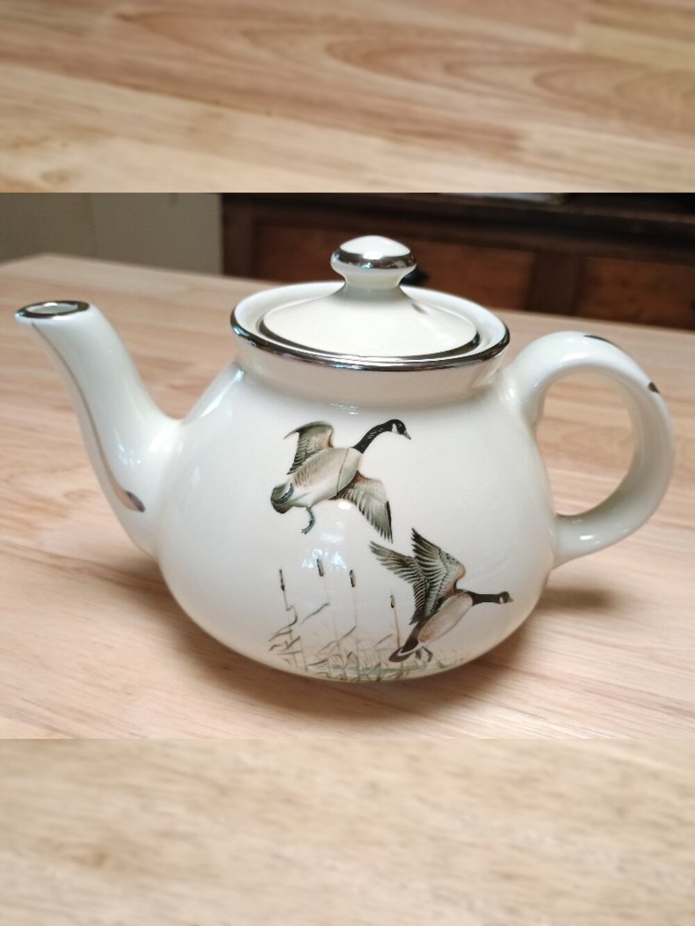 VTG Hall China Teapot w/ Lid, "Wildbirds", Geese, New York Shape, 1940's, RARE